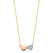 14K Gold Double Heart CZ Pendant Chain Necklace - 17+1'