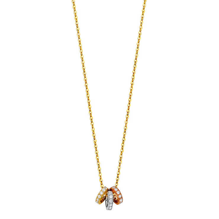 14K Gold CZ Rings Sliding Charms Chain Necklace - 17+1'