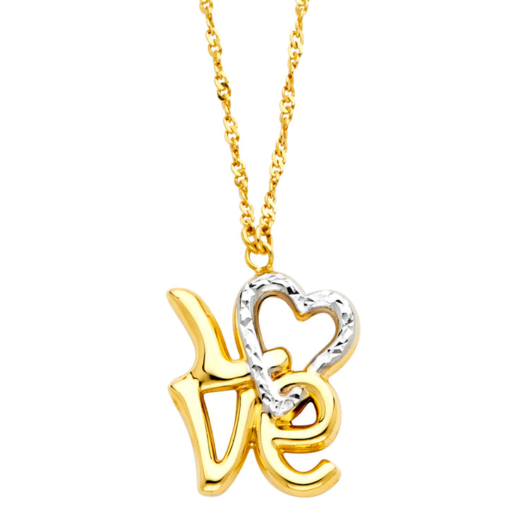 14K Gold Love Word & Heart Pendant Charm Chain Necklace - 17+1'