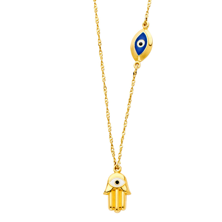14K Gold Hamsa Hand and Evil Eye Pendant Charm Chain Necklace - 17+1'