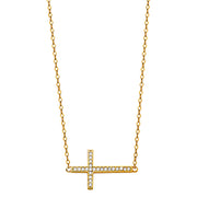 14K Gold Side Way Cross CZ Pendant Charm Chain Necklace - 17+1'