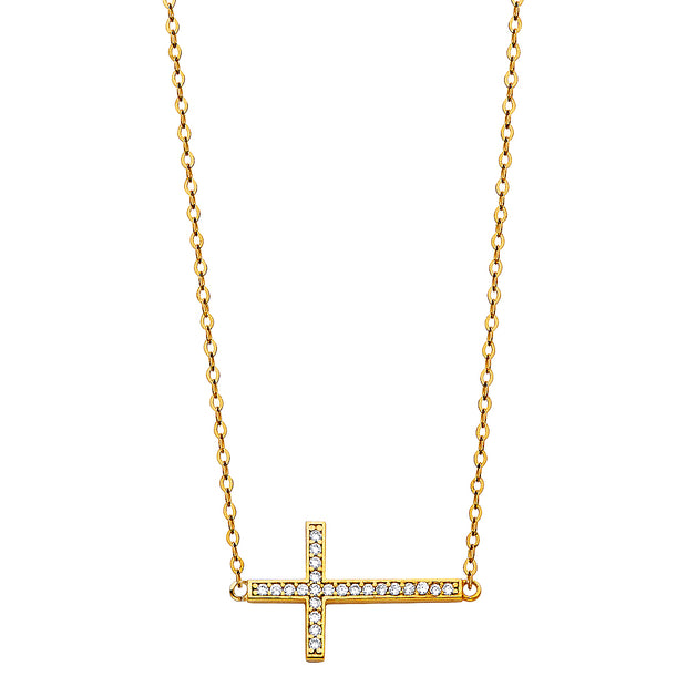 14K Gold Side Way Cross CZ Pendant Charm Chain Necklace - 17+1'