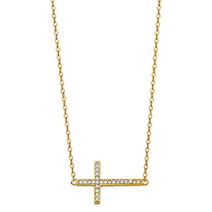 14K Gold Side Way Cross CZ Pendant Charm Chain Necklace - 17+1'