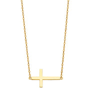 14K Gold Plain Side Way Cross Pendant Charm Chain Necklace - 17+1'