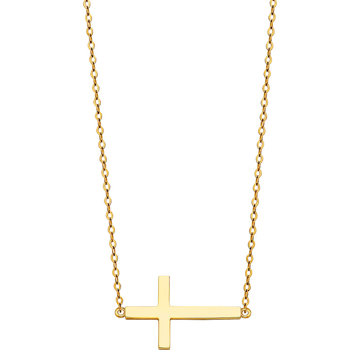 14K Gold Plain Side Way Cross Pendant Charm Chain Necklace - 17+1'