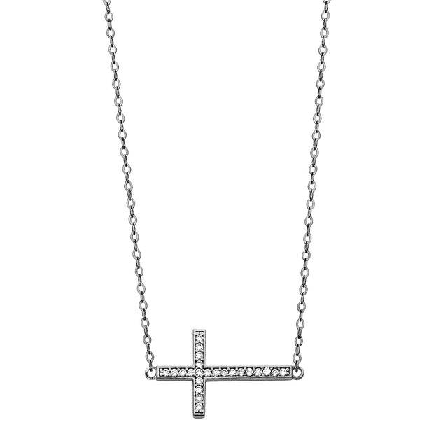 14K Gold Side Way Cross CZ Pendant Charm Chain Necklace - 17+1'