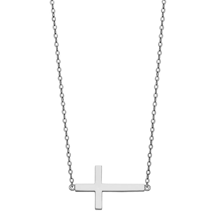 14K Gold Plain Side Way Cross Pendant Charm Chain Necklace - 17+1'