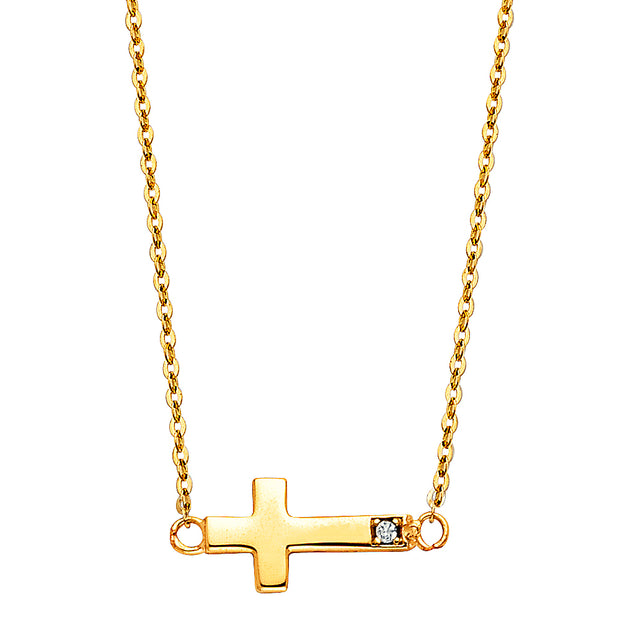 14K Gold Side Way Cross CZ Pendant Charm Chain Necklace - 17+1'