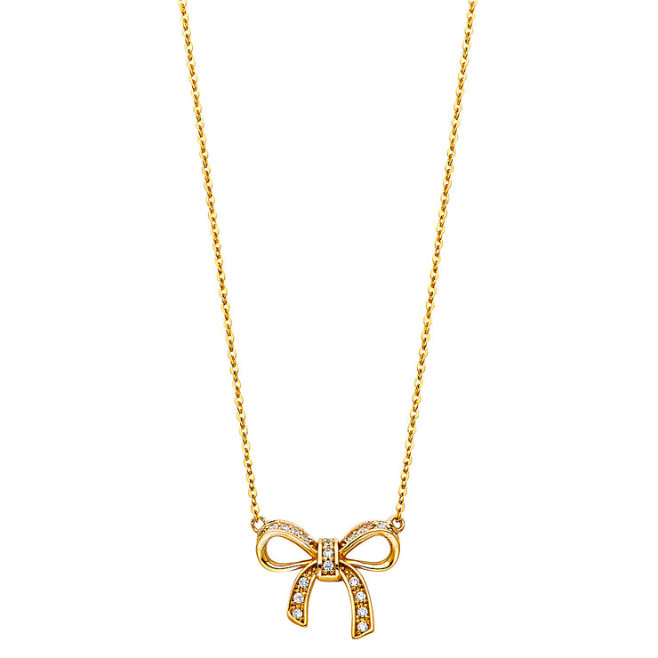 14K Gold Ribbon Bow CZ Pendant Charm Chain Necklace - 17+1'