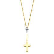 14K Gold Double Cross Hanging CZ Pendant Charm Chain Y Necklace - 17+1'