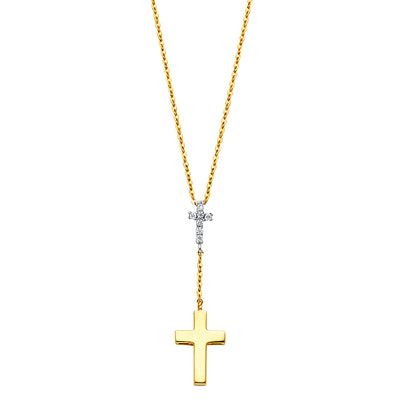 14K Gold Double Cross Hanging CZ Pendant Charm Chain Y Necklace - 17+1'