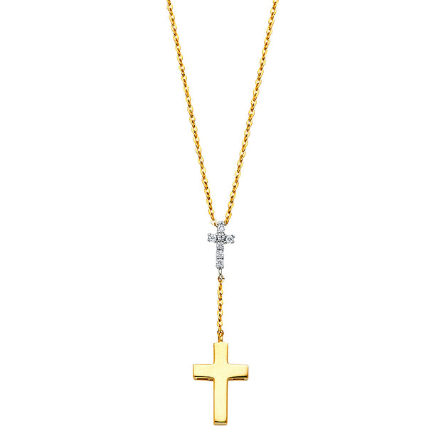 14K Gold Double Cross Hanging CZ Pendant Charm Chain Y Necklace - 17+1'