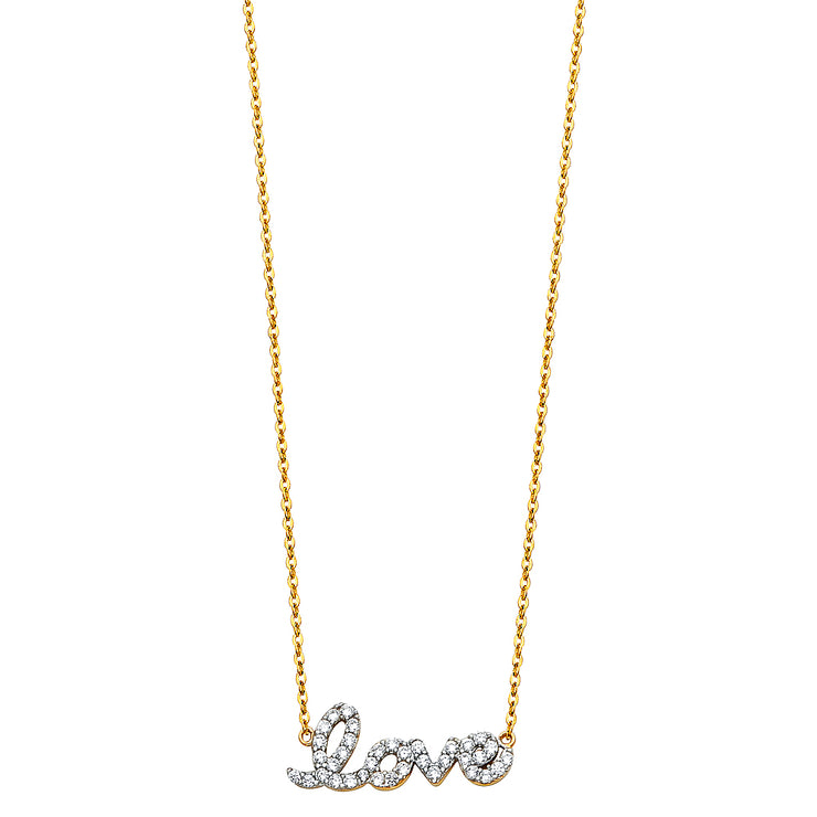 14K Gold CZ Cursive Love Word Pendant Charm Chain Necklace - 17+1'