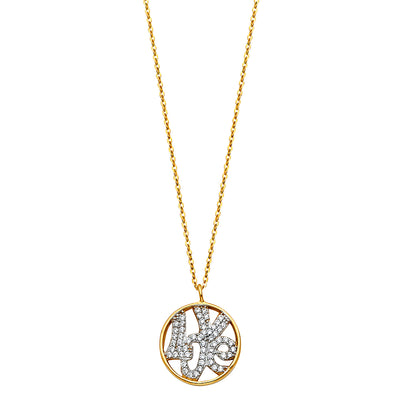 14K Gold Love Circle CZ Pendant Charm Chain Necklace - 17+1'