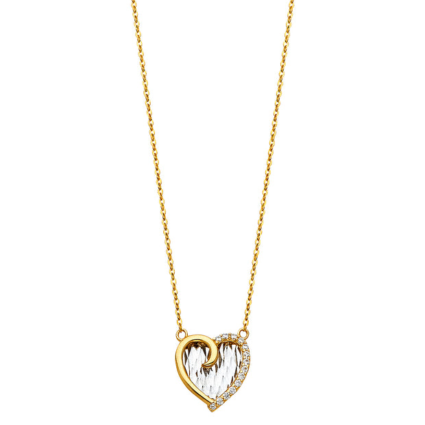 14K Gold Heart CZ Pendant Charm Chain Necklace - 17+1'
