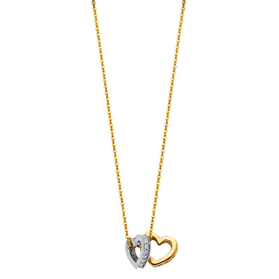 14K Gold Double Hearts CZ Pendant Charm Slides Chain Necklace - 17+1'