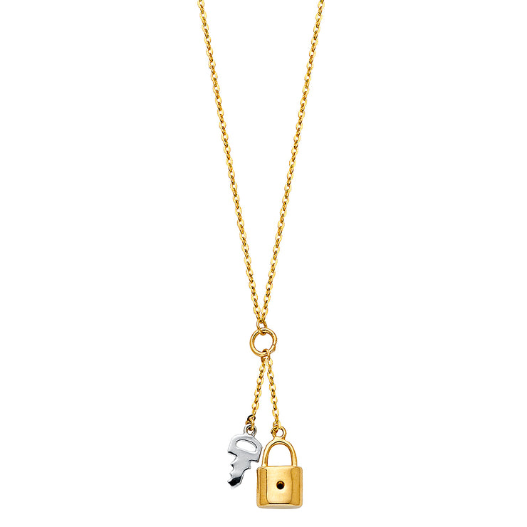 14K Gold Key To Heart & Lock Pendant charm chain Necklace - 17+1'