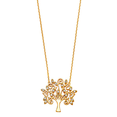 14K Gold Magic Family Tree CZ Pendant Charm Chain Necklace - 17+1'