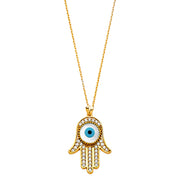14K Gold Evil Eye Hand With CZ Pendant Charm Chain Necklace - 17+1'