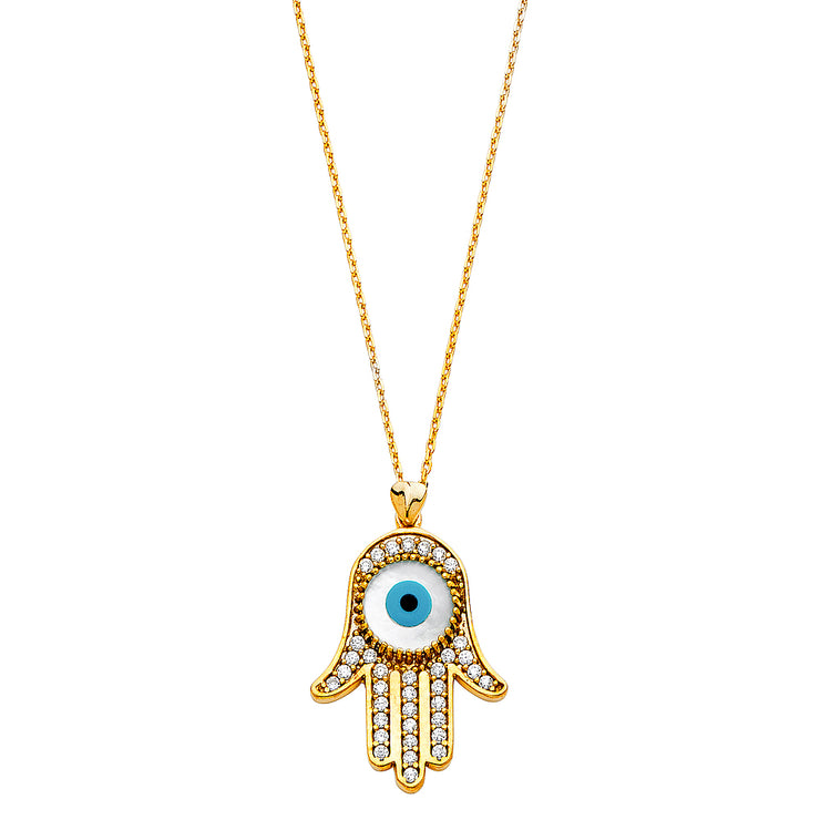 14K Gold Evil Eye Hand With CZ Pendant Charm Chain Necklace - 17+1'
