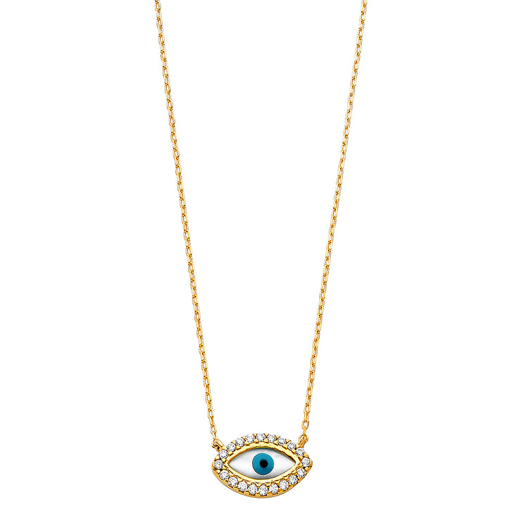 14K Gold CZ Evil Eye With Pendant Charm Chain Necklace - 17+1'