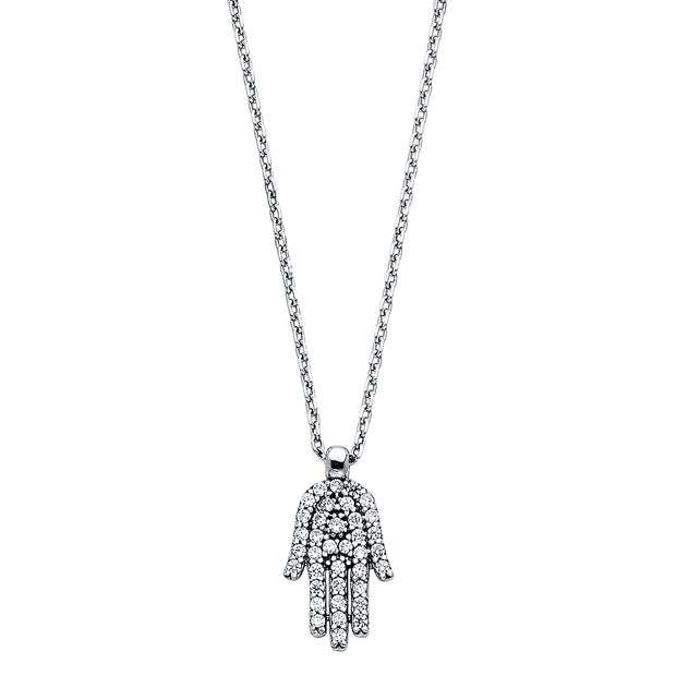 14K Gold Fancy Hamsa Hand CZ Necklace - 17+1'