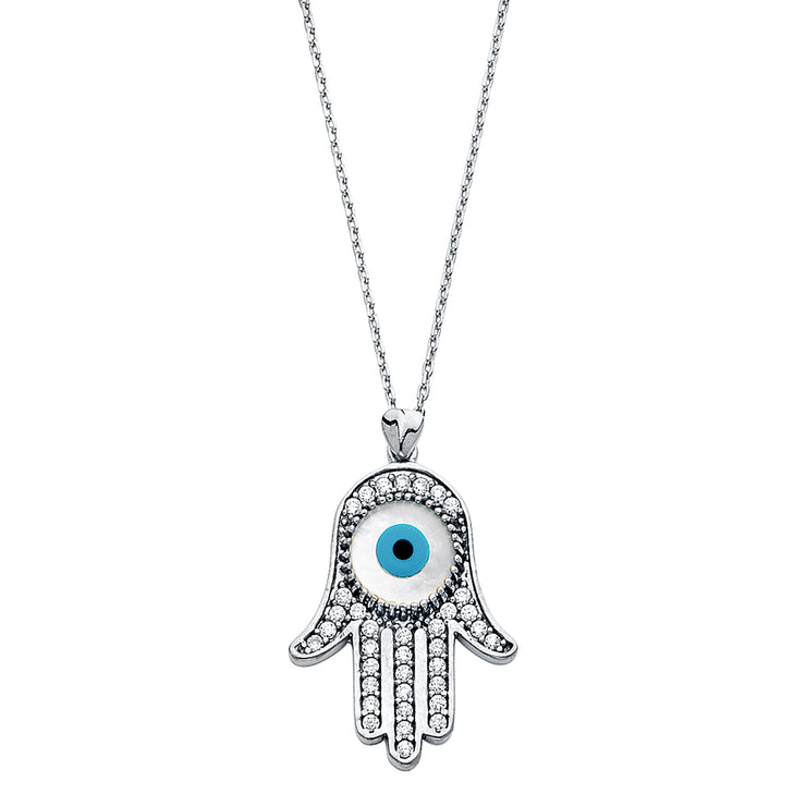 14K Gold Evil Eye Hand With CZ Pendant Charm Chain Necklace - 17+1'