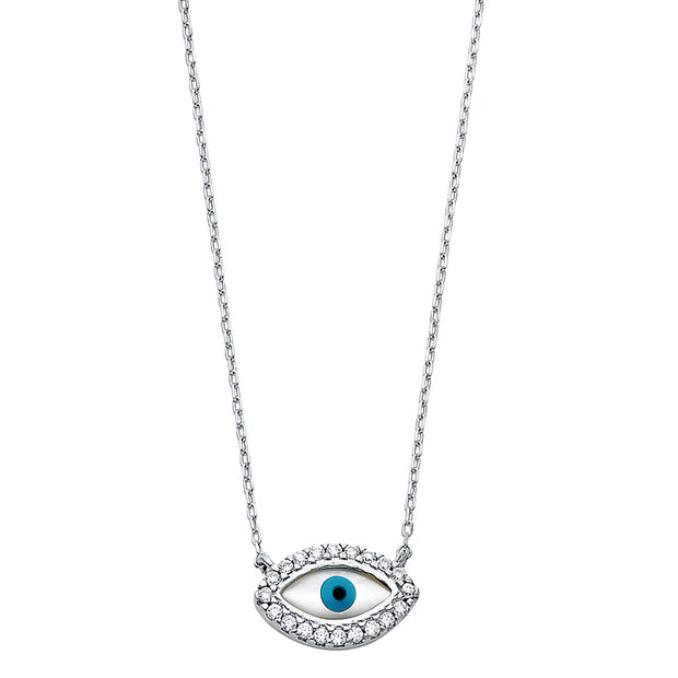 14K Gold CZ Evil Eye With Pendant Charm Chain Necklace - 17+1'