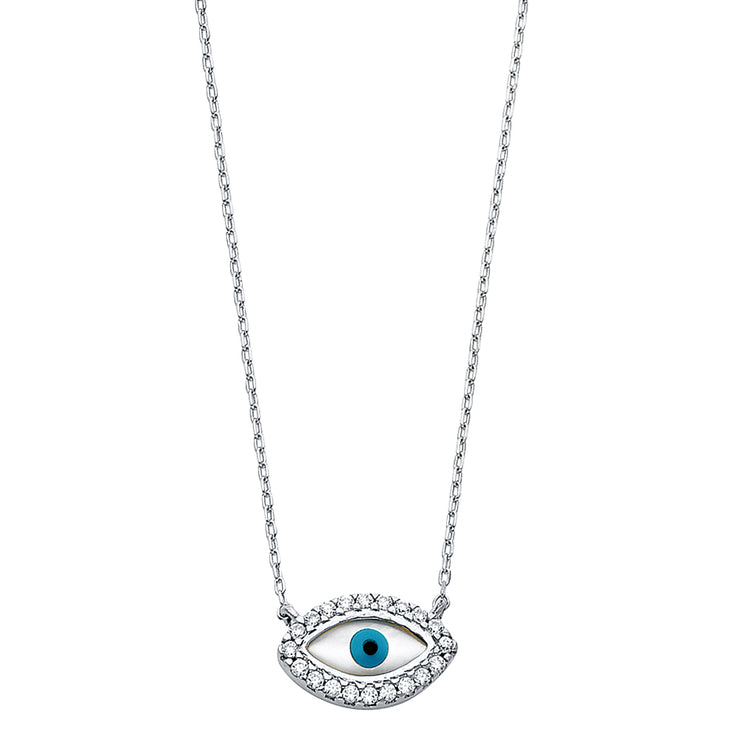 14K Gold CZ Evil Eye With Pendant Charm Chain Necklace - 17+1'