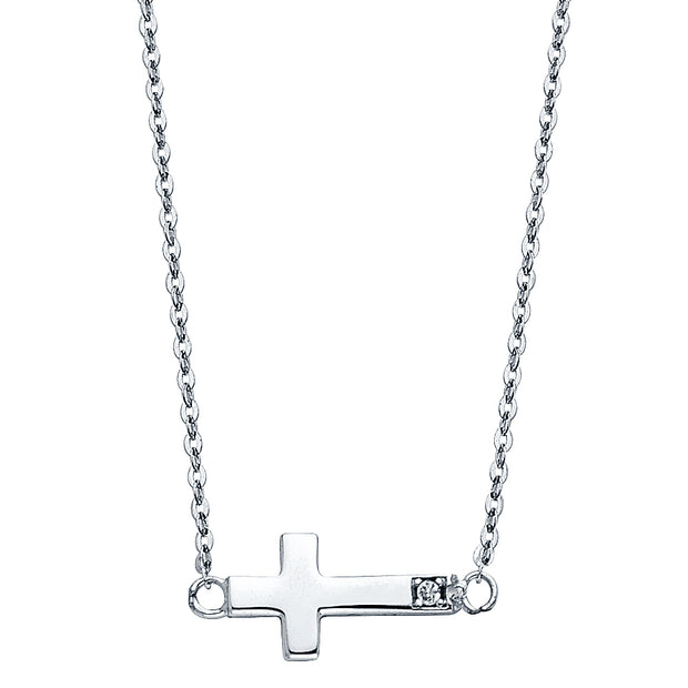 14K Gold Side Way Cross CZ Pendant Charm Chain Necklace - 17+1'