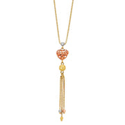 14K Gold Fancy Heart and Round Beads Tassel Drop Chain Necklace - 17'