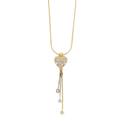 14K Gold Heart With 3 Drops CZ Heart Chain  Necklace - 16'