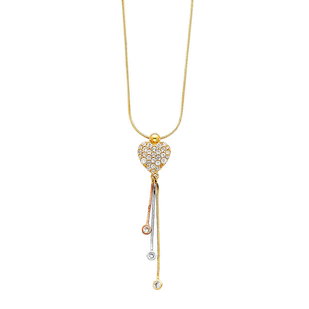 14K Gold Heart With 3 Drops CZ Heart Chain  Necklace - 16'