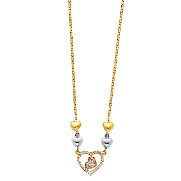 14K Gold Hearts Charms With CZ Chain Necklace - 17'