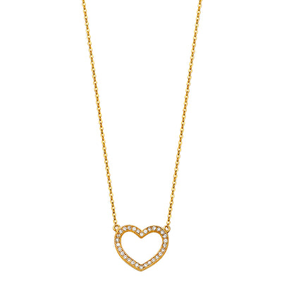 14K Gold Open Heart Pave CZ Necklace - 17+1'