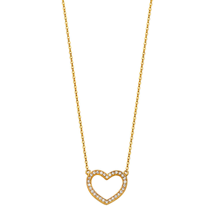 14K Gold Open Heart Pave CZ Necklace - 17+1'