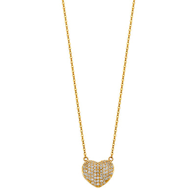 14K Gold Heart CZ Pendant Chain Necklace - 17+1'