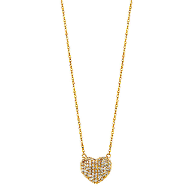 14K Gold Heart CZ Pendant Chain Necklace - 17+1'