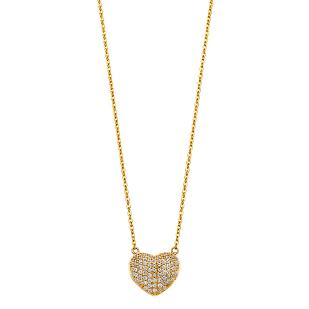 14K Gold Heart CZ Pendant Chain Necklace - 17+1'