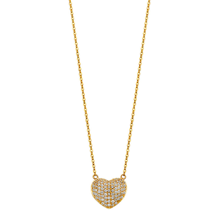 14K Gold Heart CZ Pendant Chain Necklace - 17+1'