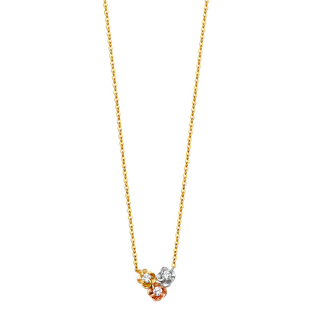 14K Gold Flower CZ Pendant Charms Chain Necklace - 17+1'