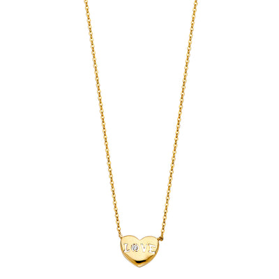 14K Gold Love Heart With CZ Pendant Chain Necklace - 17+1'