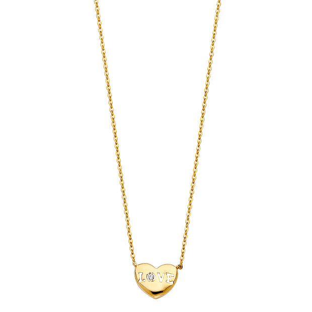 14K Gold Love Heart With CZ Pendant Chain Necklace - 17+1'