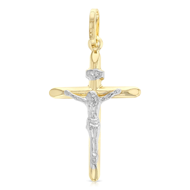 14K Gold Crucifix Cross Charm Pendant with 1.1mm Wheat Chain Necklace