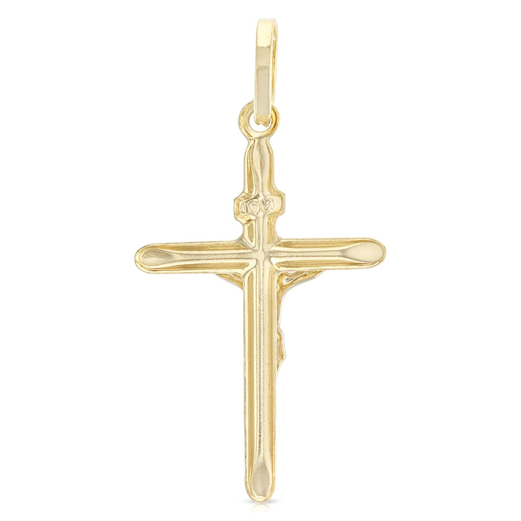 14K Gold Crucifix Cross Charm Pendant with 1.1mm Wheat Chain Necklace