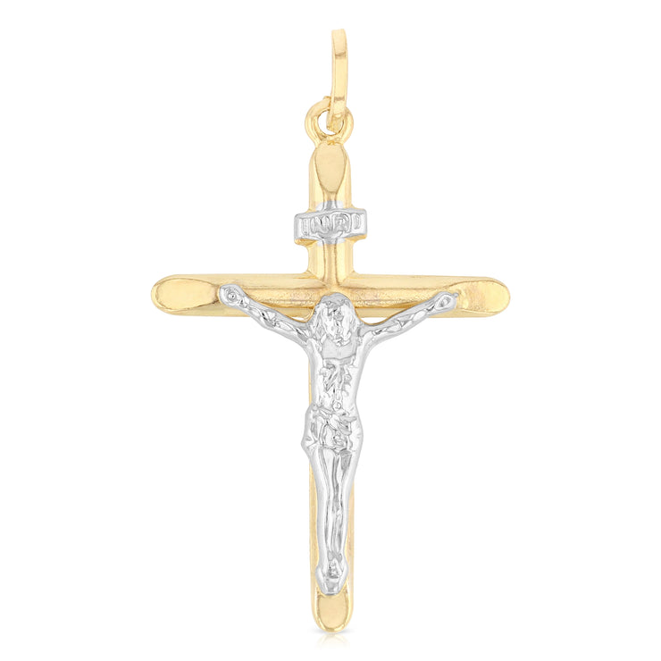 14K Gold Crucifix Cross Charm Pendant with 1.4mm Round Wheat Chain Necklace