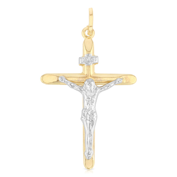 14K Gold Crucifix Cross Pendant with 2mm Flat Open Wheat Chain