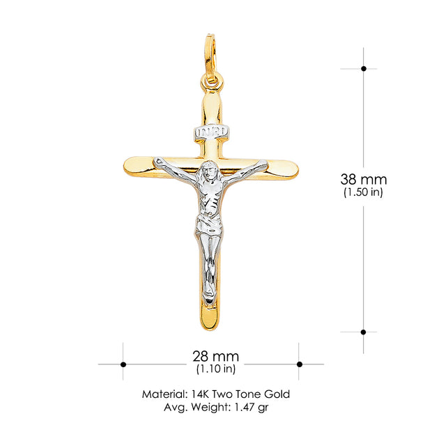 14K Gold Crucifix Cross Pendant with 2mm Flat Open Wheat Chain