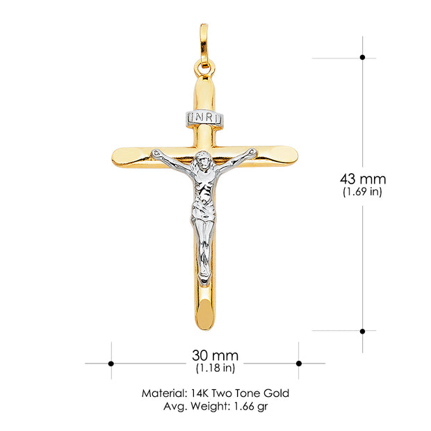 14K Gold Crucifix Cross Pendant with 1.7mm Flat Open Wheat Chain