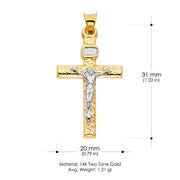 14K Gold Crucifix Cross Pendant with 1.5mm Flat Open Wheat Chain